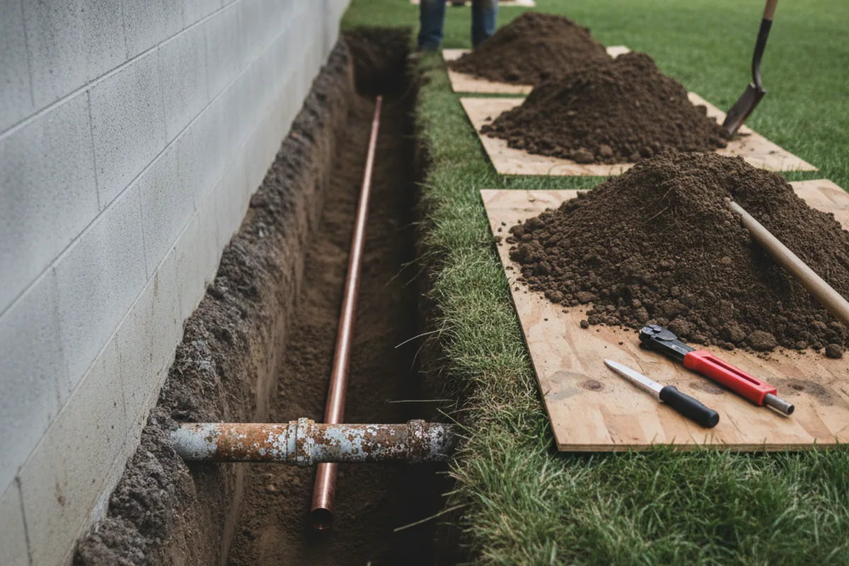 Excavated water line trench during Water Softener Installation in South Portsmouth